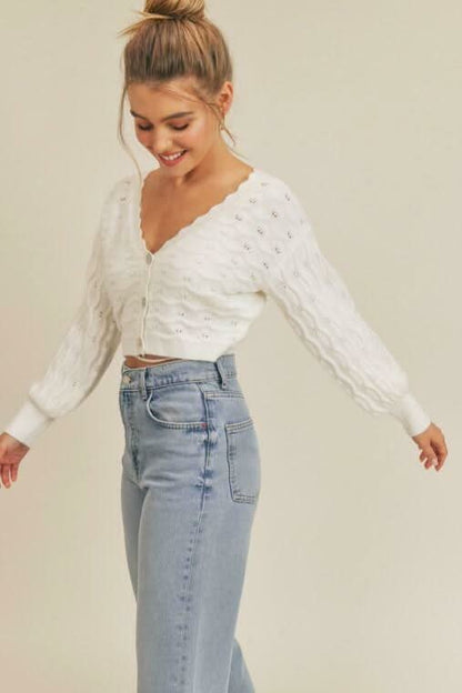Lush White Pointelle Knit Cropped Cardigan Sweater