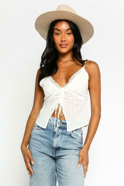 By The Prairie White Eyelet Drawstring Crop Top