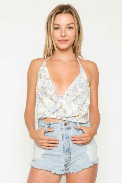 Billie Blue and White Paisley Print Halter Top