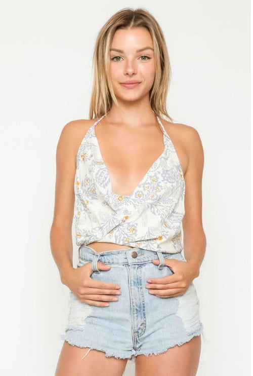 Billie Blue and White Paisley Print Halter Top