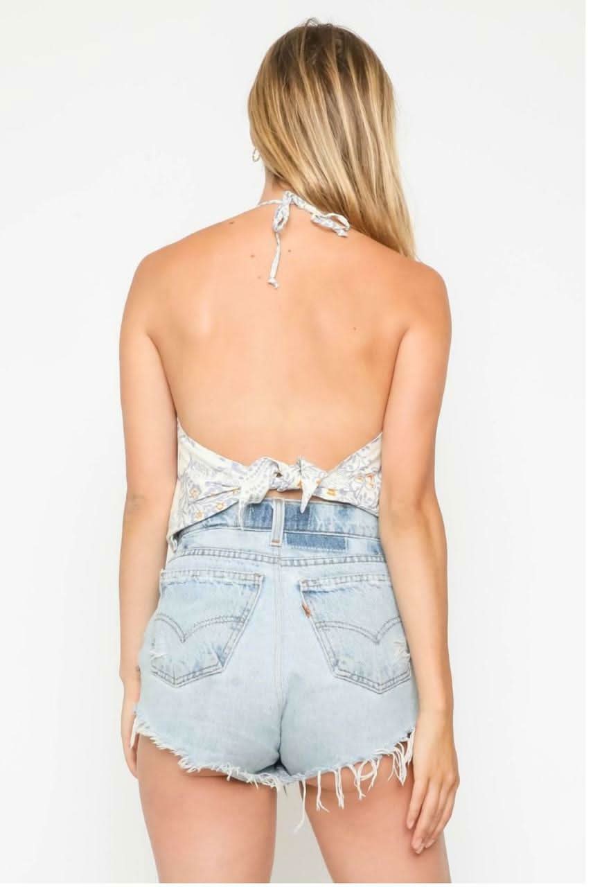 Billie Blue and White Paisley Print Halter Top