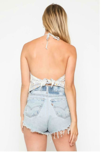 Billie Blue and White Paisley Print Halter Top