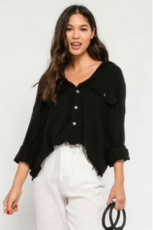 Beach Please Black Frayed Button-Up Top