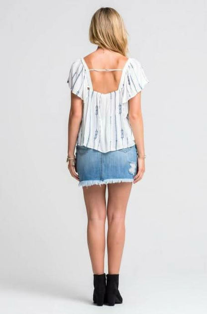 Cabo Skies White and Blue Embroidered Flowy Top