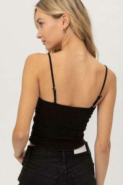 Christiana Black Drawstring Cropped Ruffle Tank Top