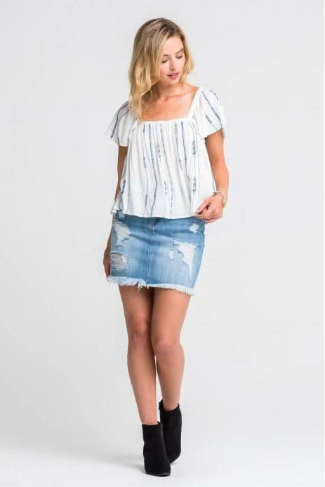Cabo Skies White and Blue Embroidered Flowy Top