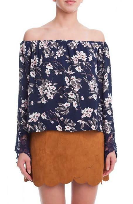 Always and Forever Navy Floral Off-the-Shoulder Top