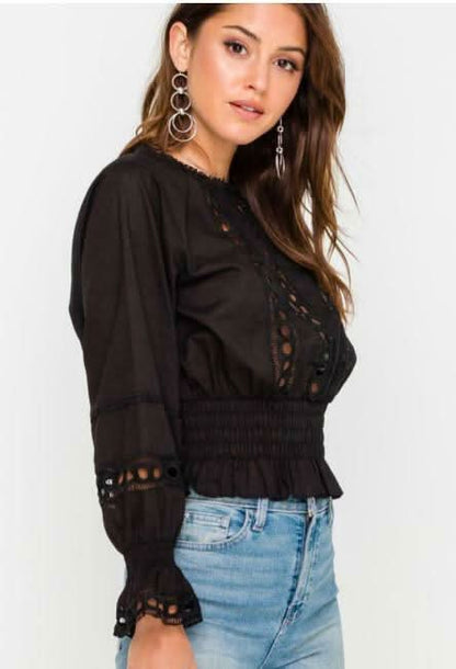 Clara Black Eyelet Lace Smocked Top