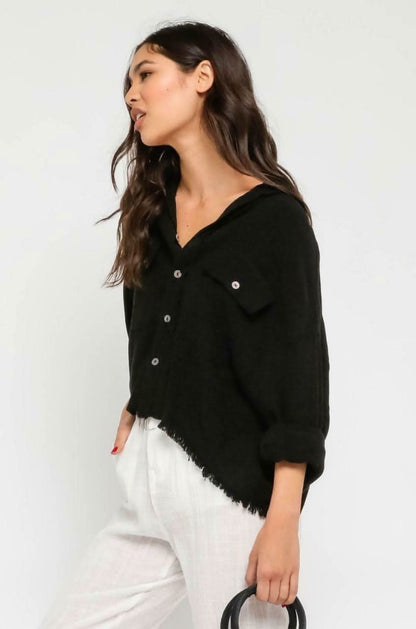 Beach Please Black Frayed Button-Up Top