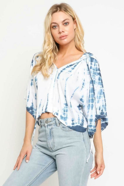 Baja Boho Blue and White Tie-Dye Hooded Top