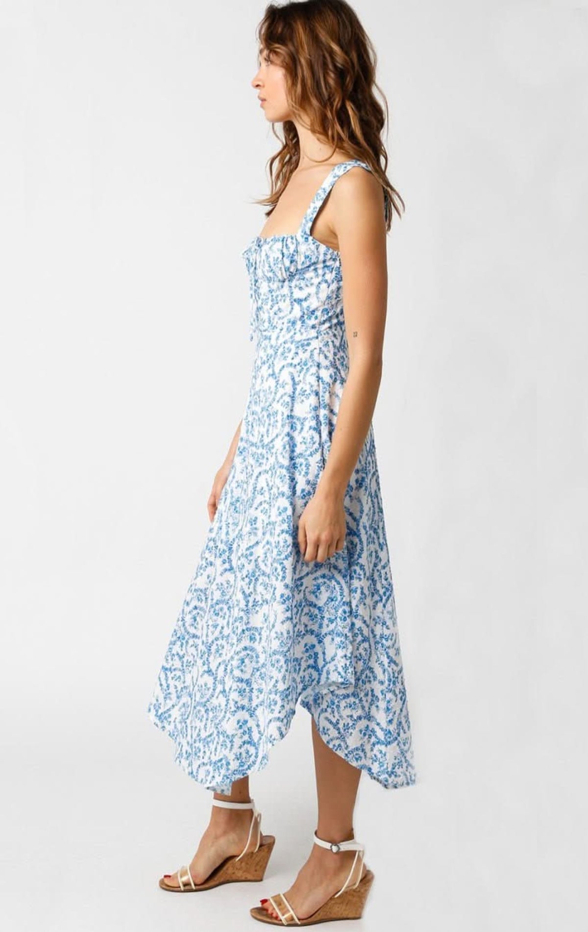 Ios White and Blue Floral Corset Midi Dress