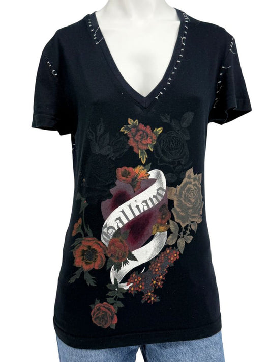 John Galliano Floral Heart Graphic V-Neck T-Shirt – Size M