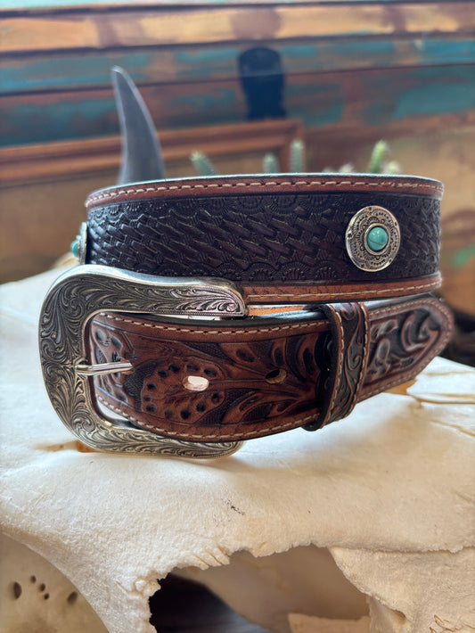Justin Durango Brown Turquoise Silver Medallion Embossed Leather Belt C14235