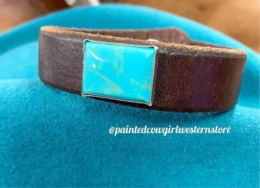 Laura Ingalls Women's Kingman Turquoise Rectangle Cab Leather Bracelet B-356-Painted Cowgirl Western Store