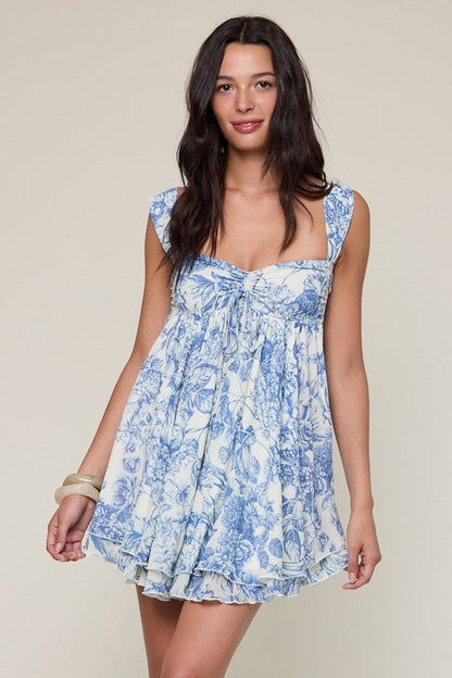 Layla White and Blue Floral Babydoll Mini Dress