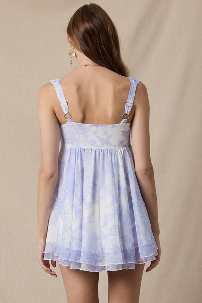 Layla White & Blue Floral Toile Babydoll Mini Dress