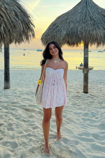 Lena Light Pink Floral Print Strapless Mini Dress
