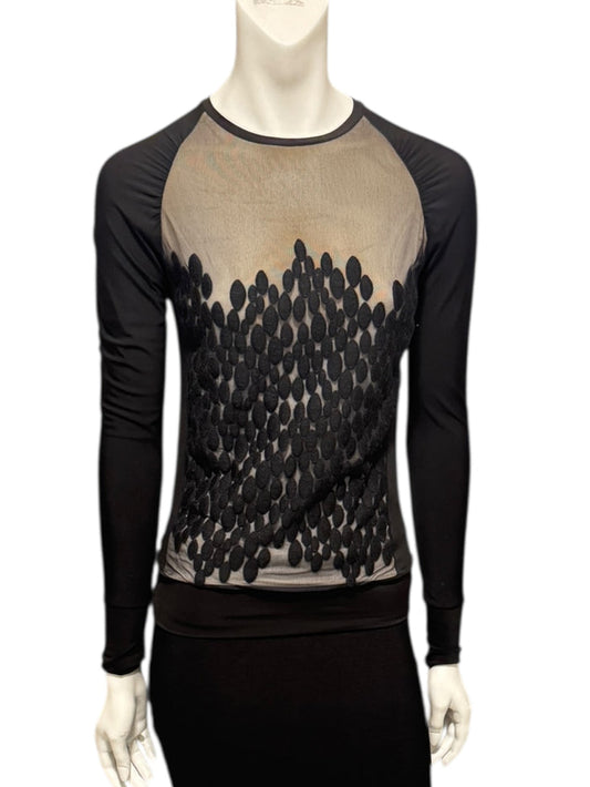 Lida Baday Black Sheer Mesh Embroidered Long Sleeve Top – Size XS