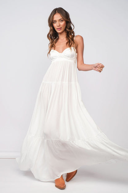 Blaire White Satin Tiered Maxi Dress