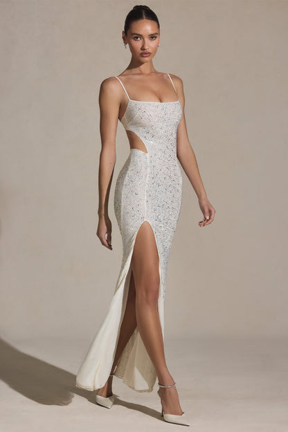 Embellished Cut-Out Fishtail Maxi Dress in White