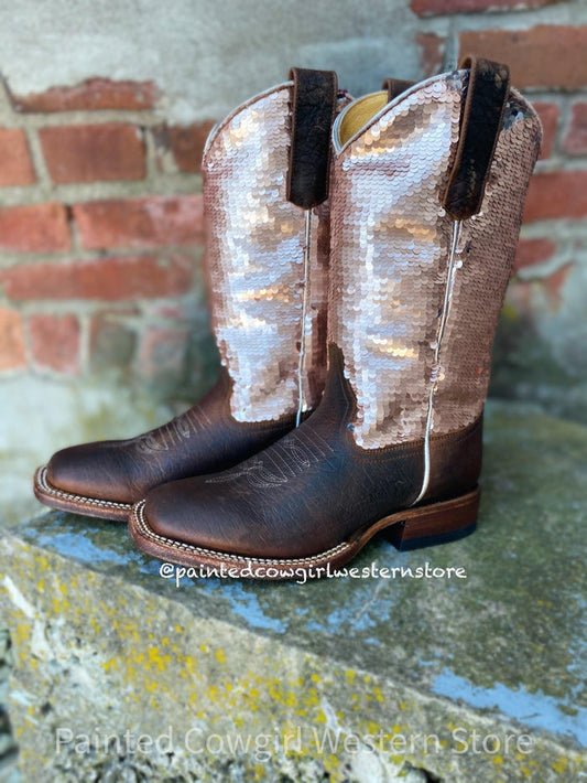 Macie Bean Children and Youth Distressed Bison & Sparkle Magic Square Toe Boots MK9153-Painted Cowgirl Western Store