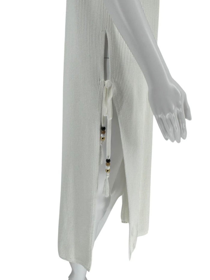 Max Mara White Knit Sleeveless Swim Cover-Up with Beaded Side Ties – Size M
