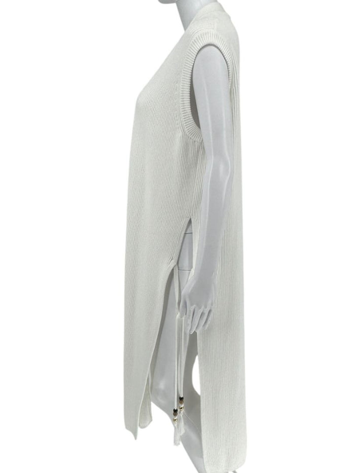 Max Mara White Knit Sleeveless Swim Cover-Up with Beaded Side Ties – Size M