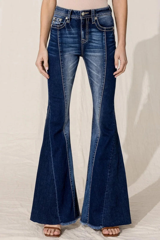 Miss Me Women's Patchwork Denim High Rise Flare Jeans H3636SF63-Painted Cowgirl Western Store