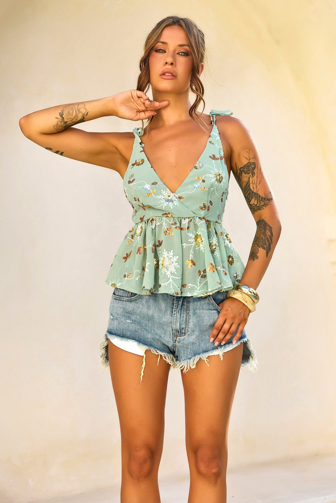 Moonbeam Luxe Sequin Chiffon Top - Olive