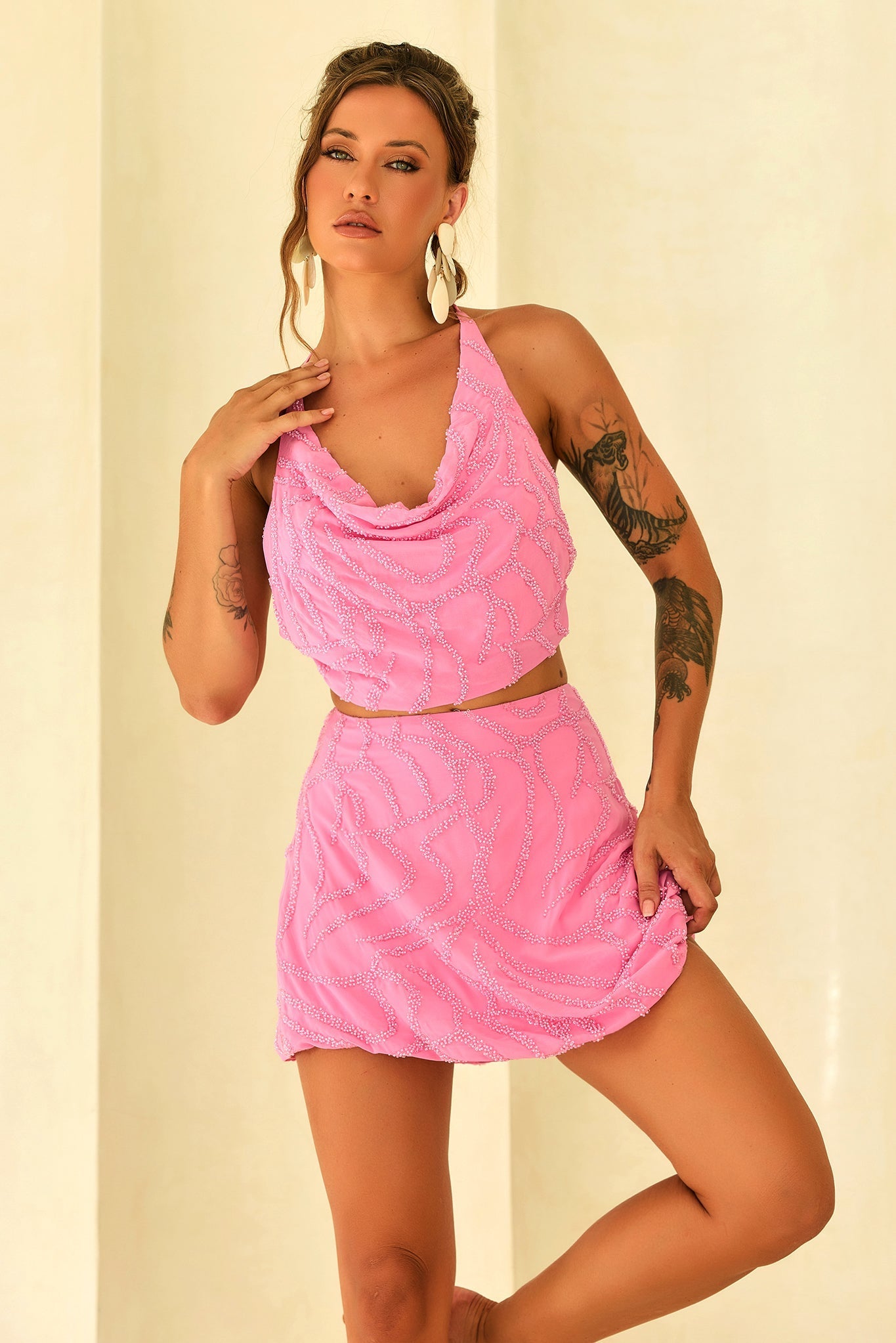 Moonlight Drive Beaded Chiffon Mini Skirt - Pink