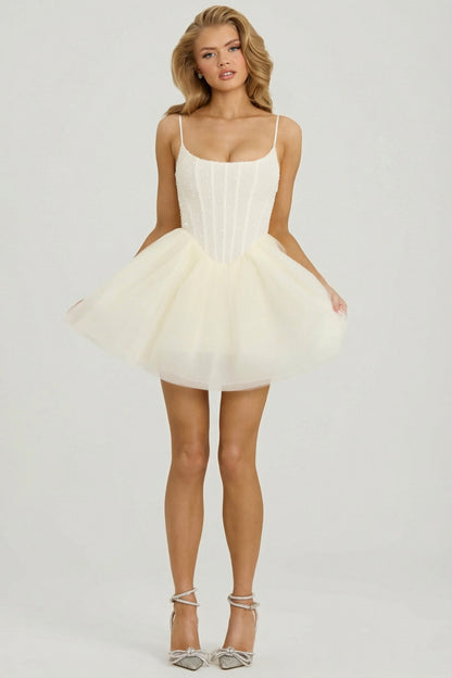 Embellished Corset Tulle Skirt Mini Dress in White