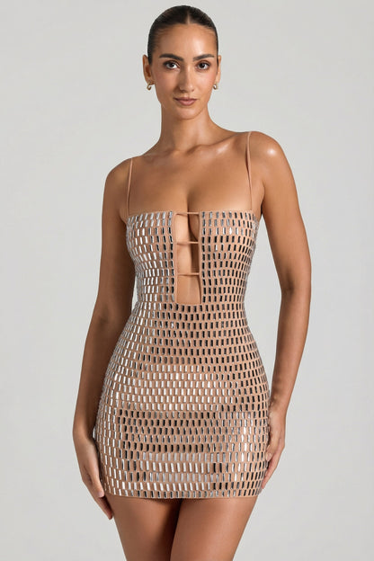 Embellished Cut-Out Mini Dress in Honey