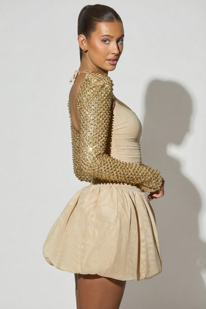 Embellished Bubble Hem Mini Dress in Gold