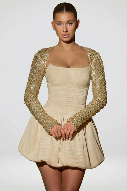 Embellished Bubble Hem Mini Dress in Gold