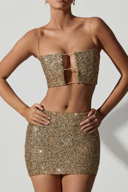 Embellished Mid-Rise Mini Skirt in Gold