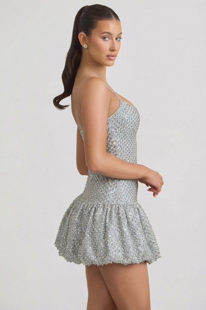 Embellished Bubble Hem Mini Dress in Silver