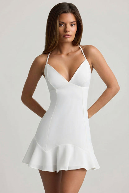 Drop-Waist Lace-Up Mini Dress in White