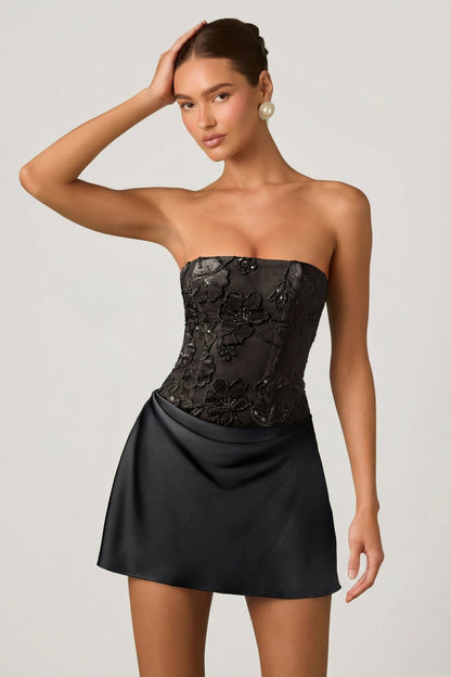 Embellished Draped Strapless A-Line Mini Dress in Black