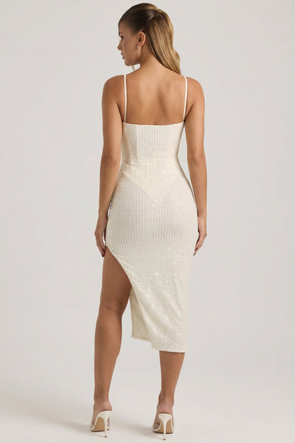 Embellished Draped Midaxi Dress in White
