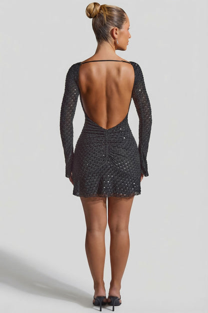 Embellished Open-Back A-Line Mini Dress in Black