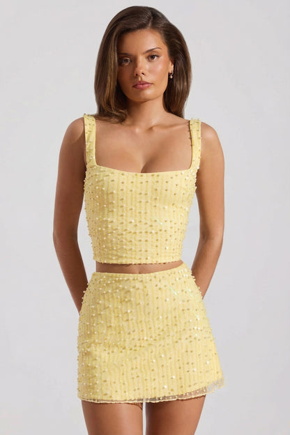 Embellished Low-Rise Mini Skirt in Yellow