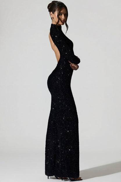 Embellished Open-Back Gown in Black
