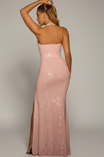 Embellished Halterneck Gown in Lavender Pink