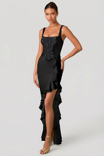 Embellished Ruffle-Trim Corset Gown in Black