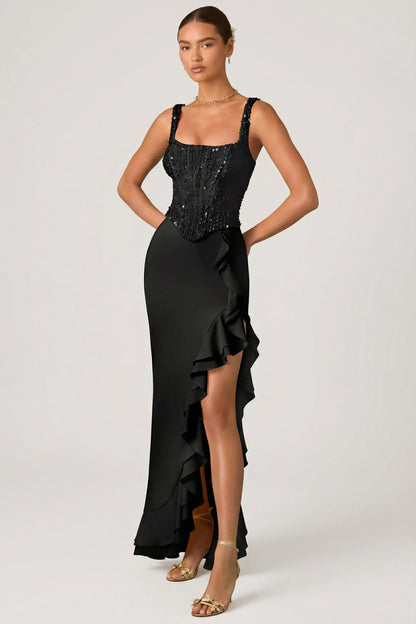 Embellished Ruffle-Trim Corset Gown in Black