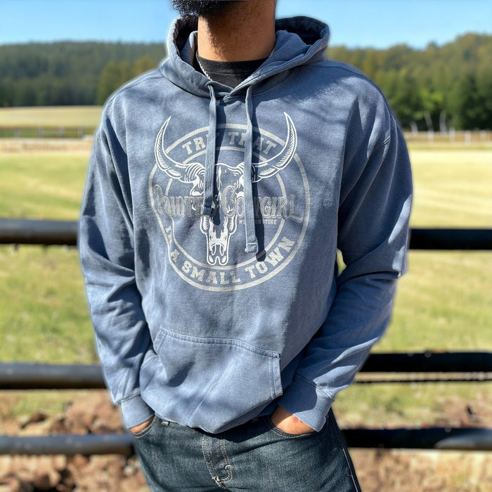 Painted Cowgirl Logo Unisex Try That In A Small Town Faded Denim Hoodie-Painted Cowgirl Western Store