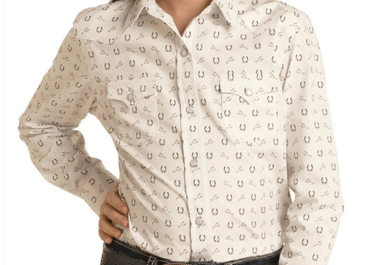 Panhandle Girl's Taupe Long Sleeve Horseshoe Print Pearl Snap Western Shirt RSGSOSR0EQ