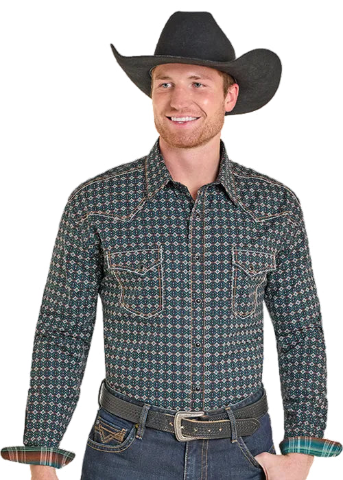 Panhandle Slim Men's Green & Black Aztec Geo Print Pearl Snap Long Sleeve Western Shirt RMN6S07572