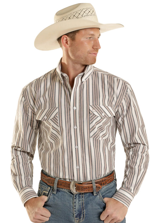 Panhandle Slim Men's White Stripe Button Long Sleeve Western Shirt SMB4S08956 SXB3S08956