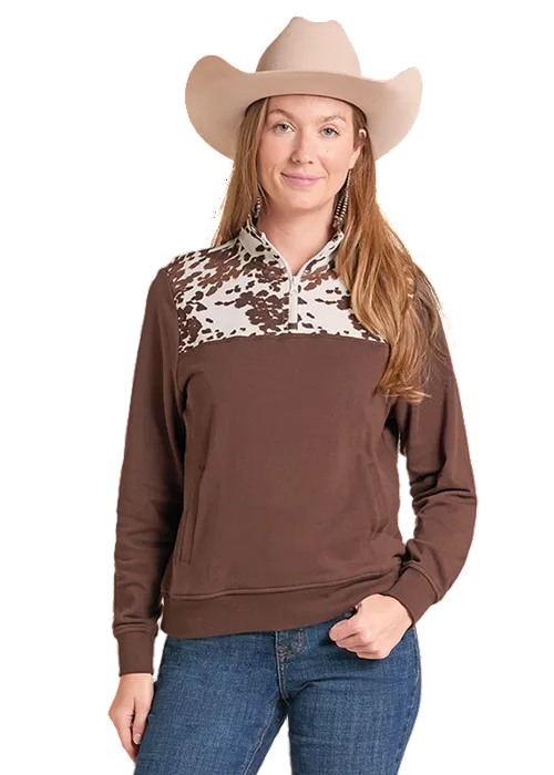 Panhandle Slim Women's Brown Cow Print 1/4 Zip Pullover LW91T09688